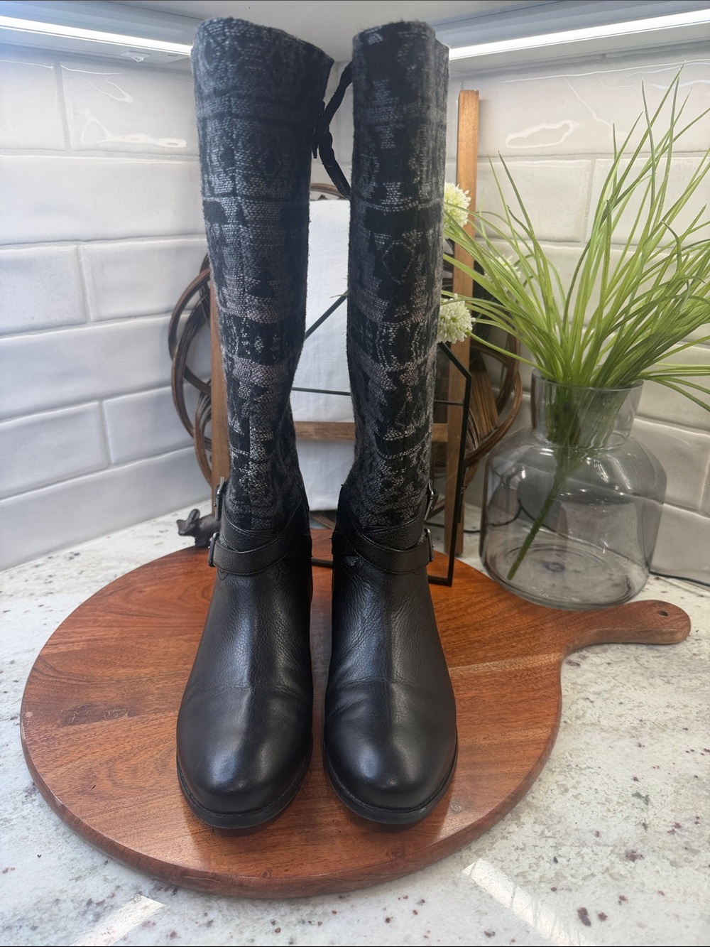 Trotters Black Leather Over-the-Knee Knit-Pattern Boots- NWOT